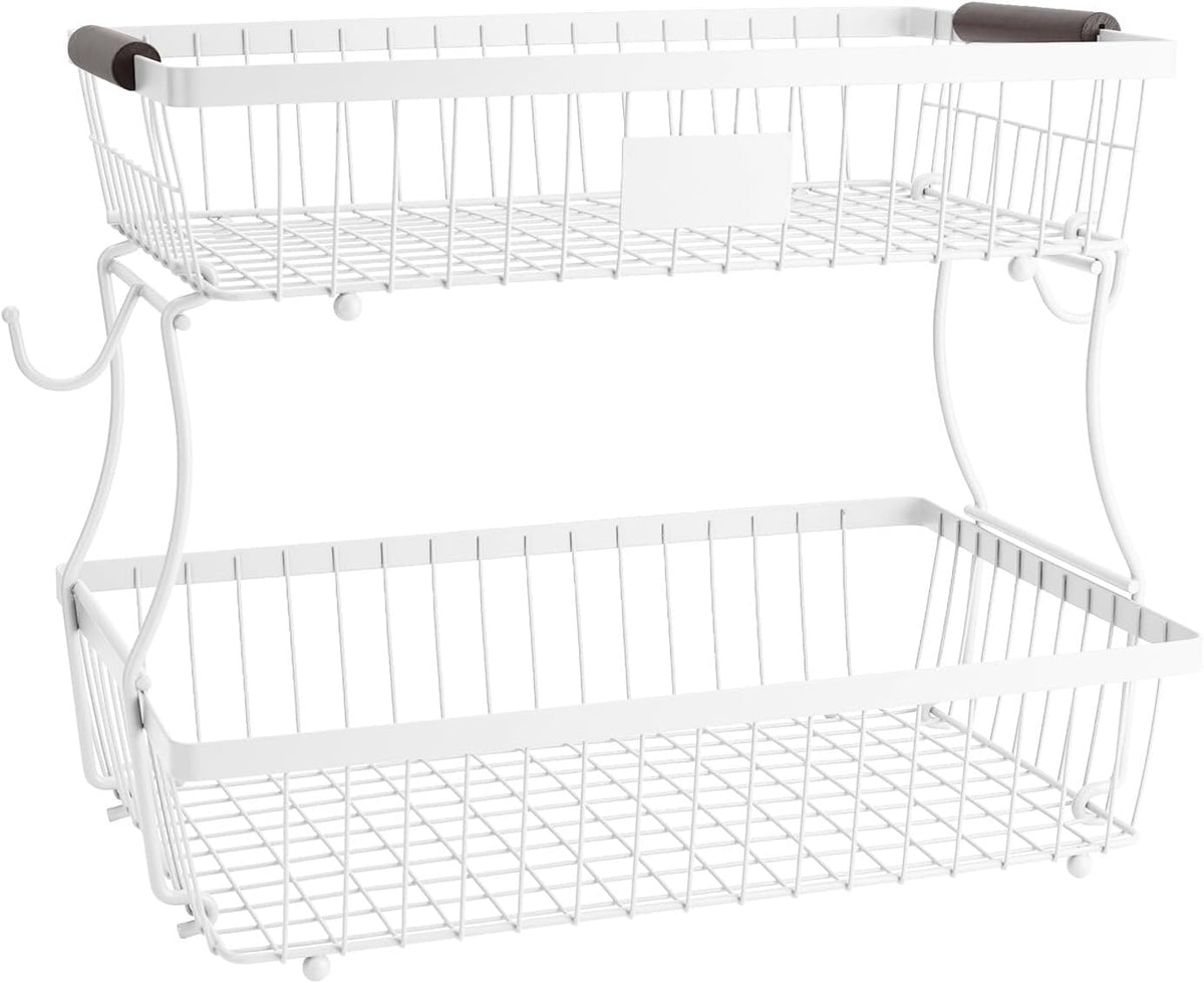 2-Tier Stackable Wire Basket with 2 Banana Hooks, Pantry Organizer for Kitchen Countertops, Cabinets & Under-Sink Spaces; Ideal for Storing Snacks, Fruits, Veggies, Onions, Potatoes, & More,Black