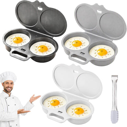 2 Pack Dual Cavity Microwave Egg Poacher with Lid & Handle，Black