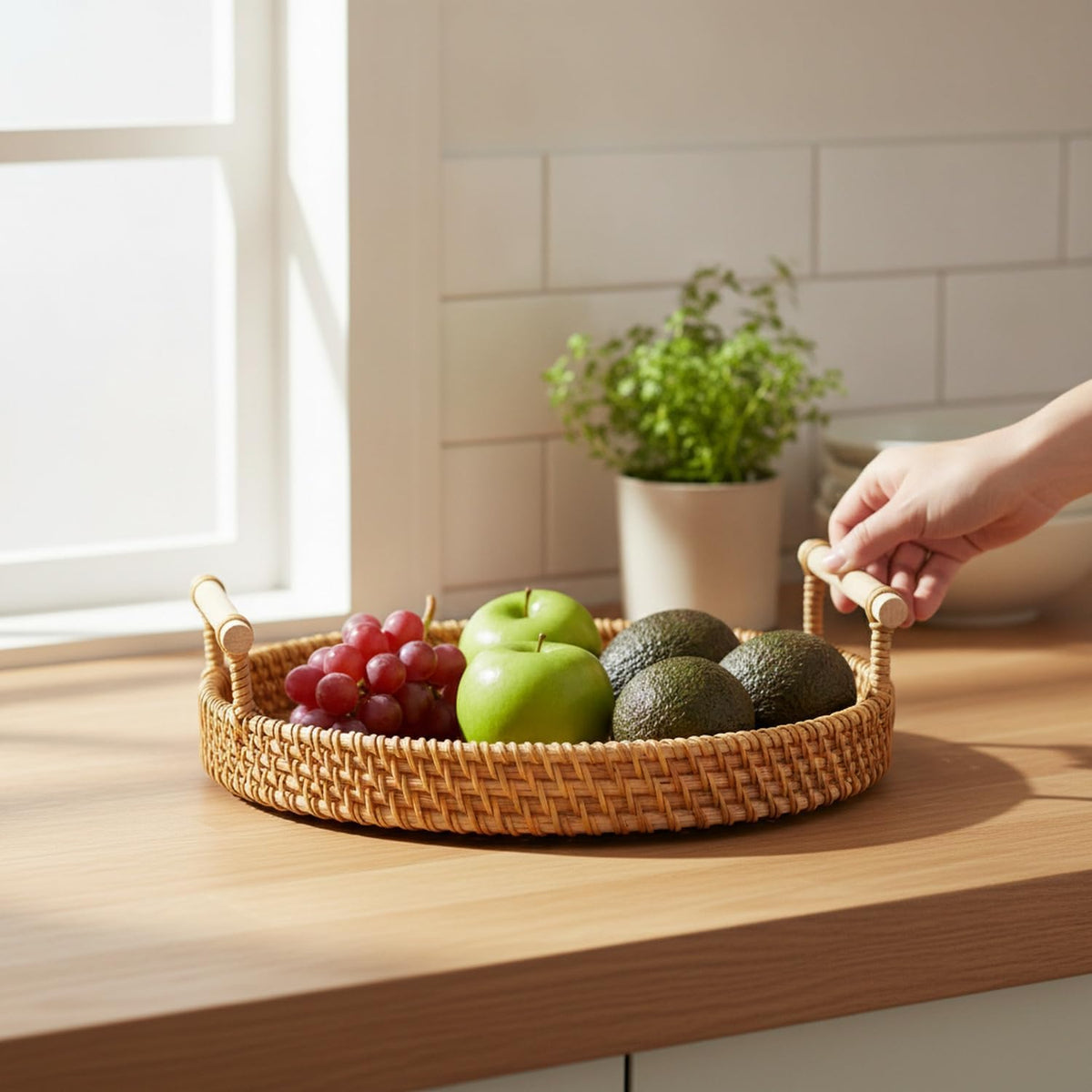 Hand Woven Rattan Basket with Wood Handle, Open Weave Storage Bin for Countertop Organization, Produce, and Home Decor