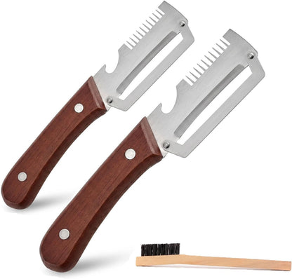 3-in-1 Stainless Steel Vegetable Peeler and Julienne Shredder | Wood handle, built-in bottle opener, cleaning brush included; compact tool for cooking, BBQ, camping, and meal prep.