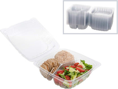 Smygoods Plastic Clamshell Food Containers, (Pack of 50-8x8x3 3/8) 3-Compartment, to go Containers, Hinged Food Container