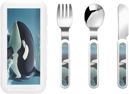 Stainless Steel Kids Silverware Set, Orca Killer Whale Utensil Set Reusable Children Safe Knife Spoon Fork Set With Storage Case Dishwasher Safe For Lunch, Travel Outdoors