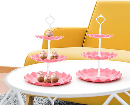 5 Pcs Dessert Stand Set, 2X Small 3 Tiers White Plastic Cupcake Stand Holder & 3X Rectangle Party Serving Trays/Platters for Wedding Birthday Baby Shower Tea Party Buffet (Pink)