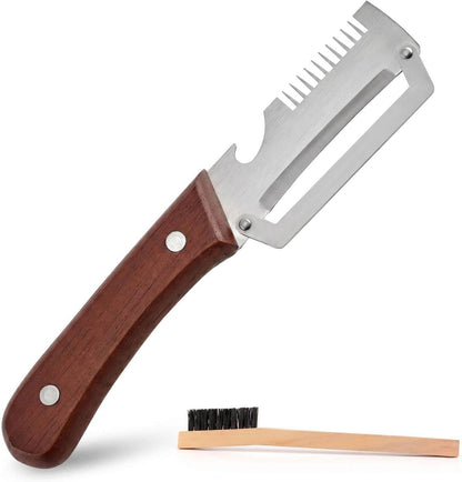 3-in-1 Stainless Steel Vegetable Peeler and Julienne Shredder | Wood handle, built-in bottle opener, cleaning brush included; compact tool for cooking, BBQ, camping, and meal prep.