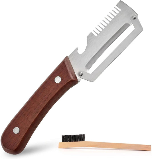 3-in-1 Stainless Steel Vegetable Peeler and Julienne Shredder | Wood handle, built-in bottle opener, cleaning brush included; compact tool for cooking, BBQ, camping, and meal prep.