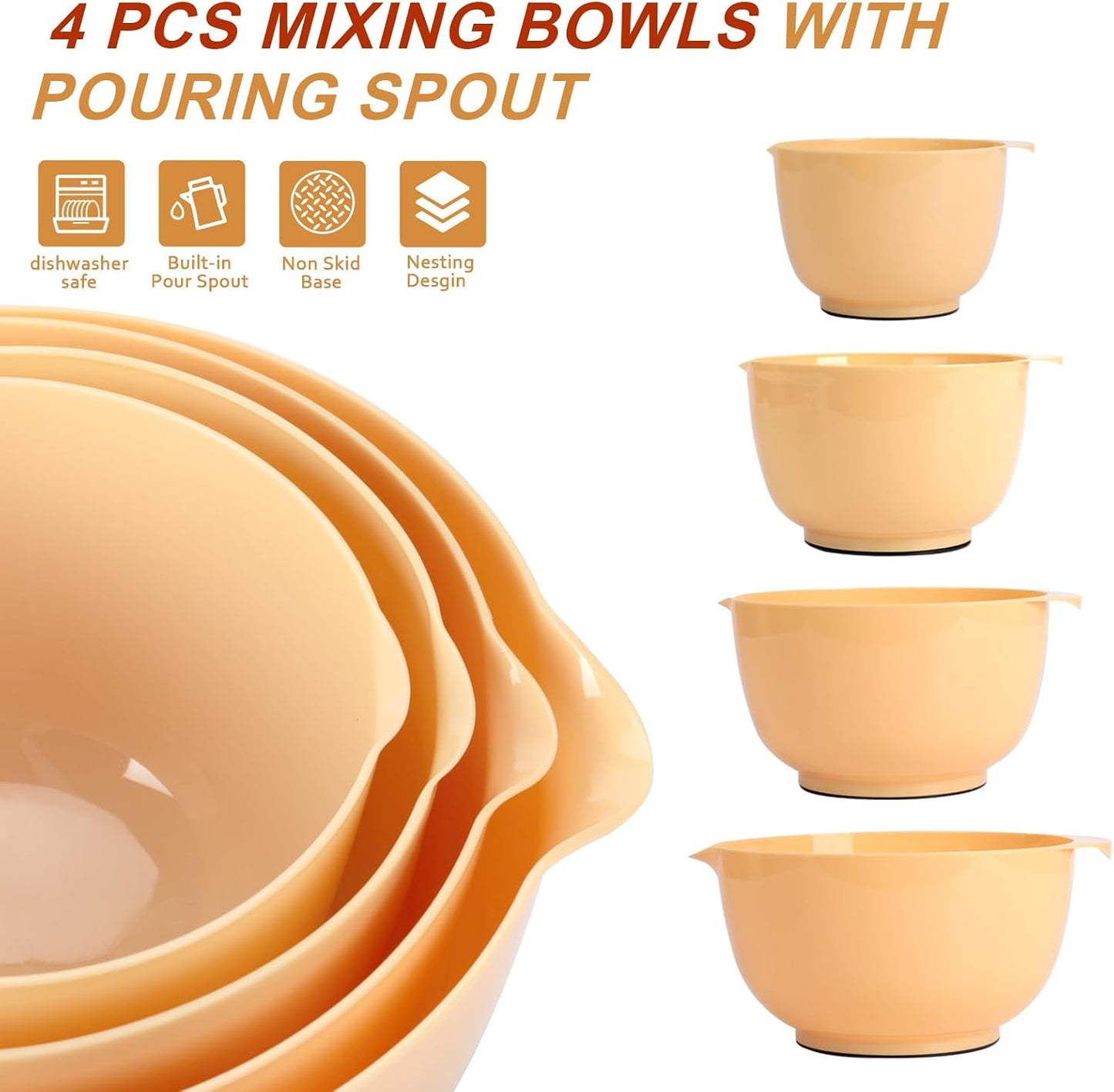 BoxedHome Nesting Plastic Mixing Bowl Set With Pour Spout, Microwave and Dishwasher Safe, BPA free Non-Slip Base, Set of 4 Size 1.7, 2.5, 3.5 and 4.5qt, Great for Prepping, Baking, Cooking (Dark Blue)