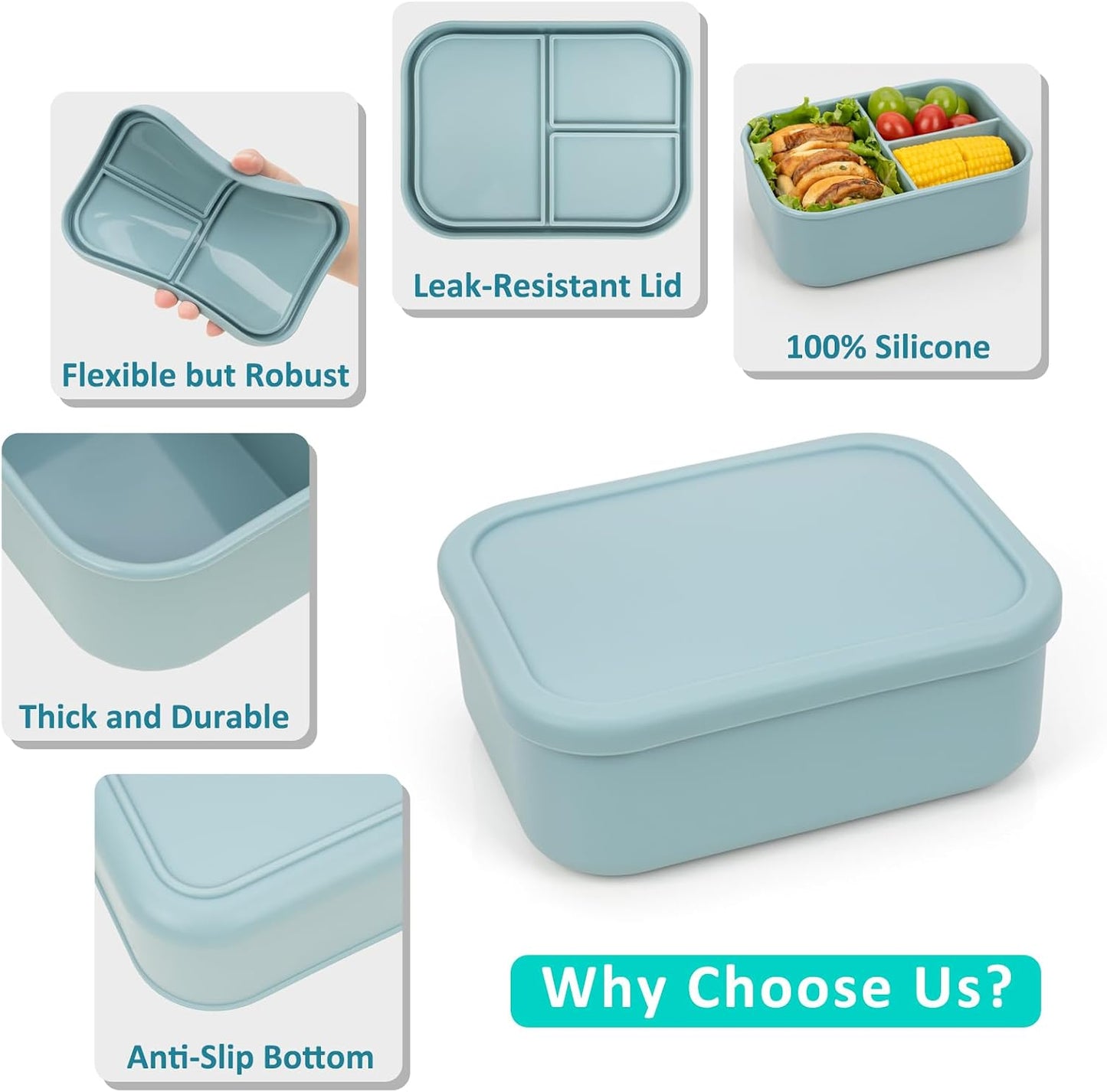 Silicone Bento Box Adult Lunch Container, 3 Compartment Container, Food Grade Silicone Bento Lunch Box for Work Travel Meal Prep, Leak-proof Food Storage Container（1 Pack Nile Blue）