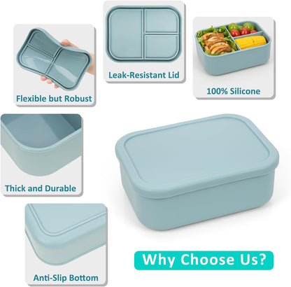 Silicone Bento Box Adult Lunch Container, 3 Compartment Container, Food Grade Silicone Bento Lunch Box for Work Travel Meal Prep, Leak-proof Food Storage Container（1 Pack Nile Blue）