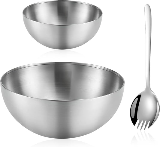 Mixing Bowls, 2 PCS Salad Bowls Set, Stainless Steel Metal Nesting Bowls with Salad Fork, 6 & 8 Inch Fruit Bowls for Cooking, Baking, Prepping, Dishwasher Safe Kitchen Supplies