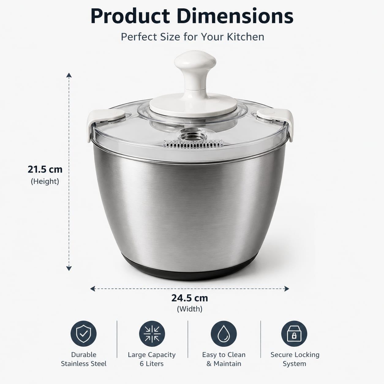 Stainless Steel Salad Spinner Large Capacity 5Qt – Hand Crank Vegetable Washer & Dryer with One-Touch Stop, Drainage Spout, Non-Slip Base – Dishwasher Safe Kitchen Tool for Lettuce & Fruit
