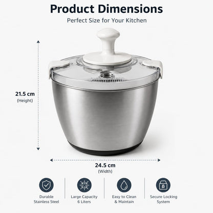 Stainless Steel Salad Spinner Large Capacity 5Qt – Hand Crank Vegetable Washer & Dryer with One-Touch Stop, Drainage Spout, Non-Slip Base – Dishwasher Safe Kitchen Tool for Lettuce & Fruit