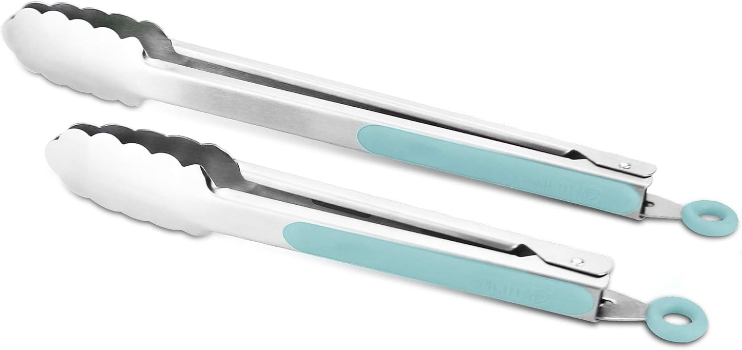 304 Stainless Steel Kitchen Cooking Tongs, 9" and 12" Set of 2 Sturdy Grilling Barbeque Brushed Locking Food Tongs with Ergonomic Grip, Black