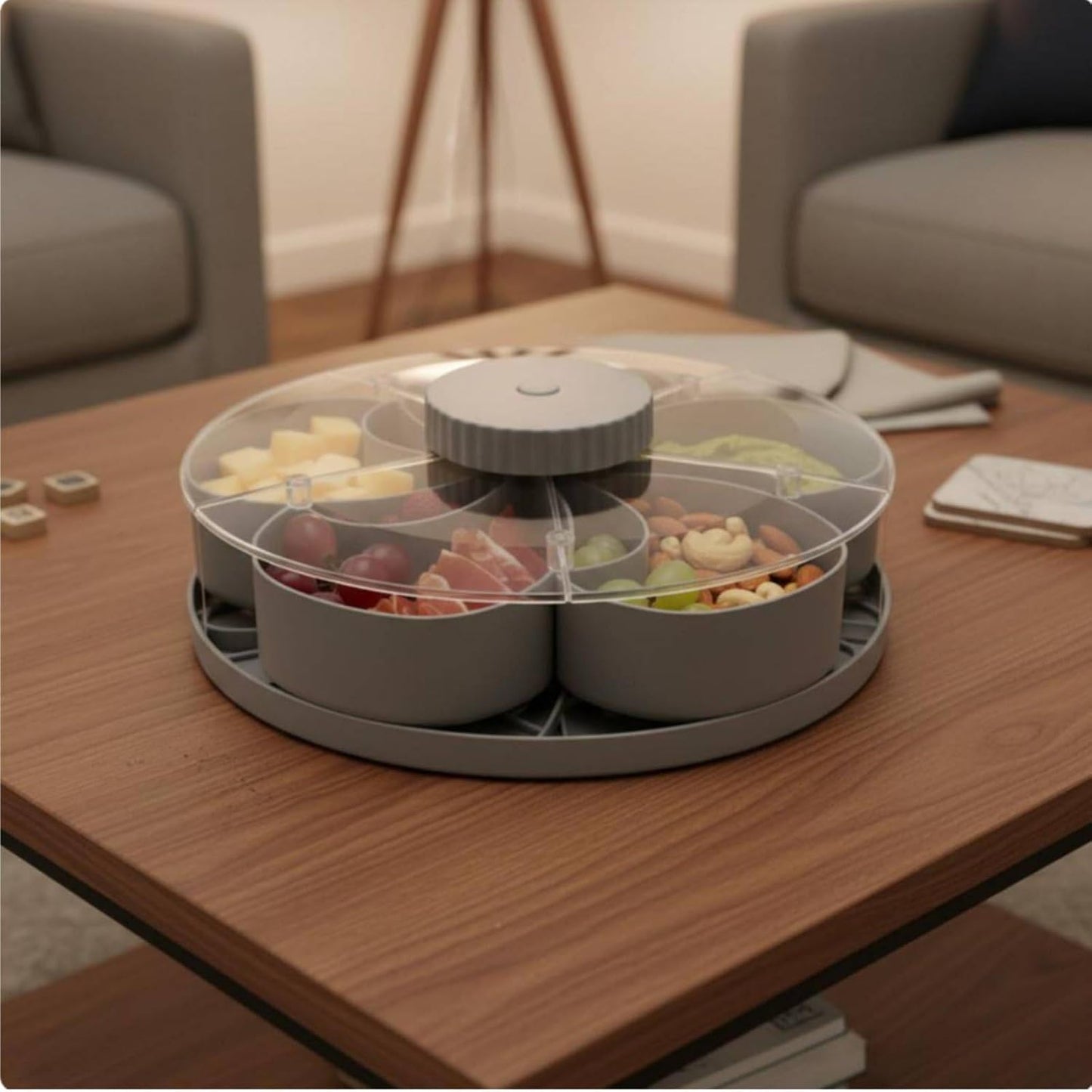predolo Rotating Snack Tray with Lid Easy to Clean Lidded Rotating Container Portable Divided Rotation Tray Serving Platter for Entertaining, Parties, Blue