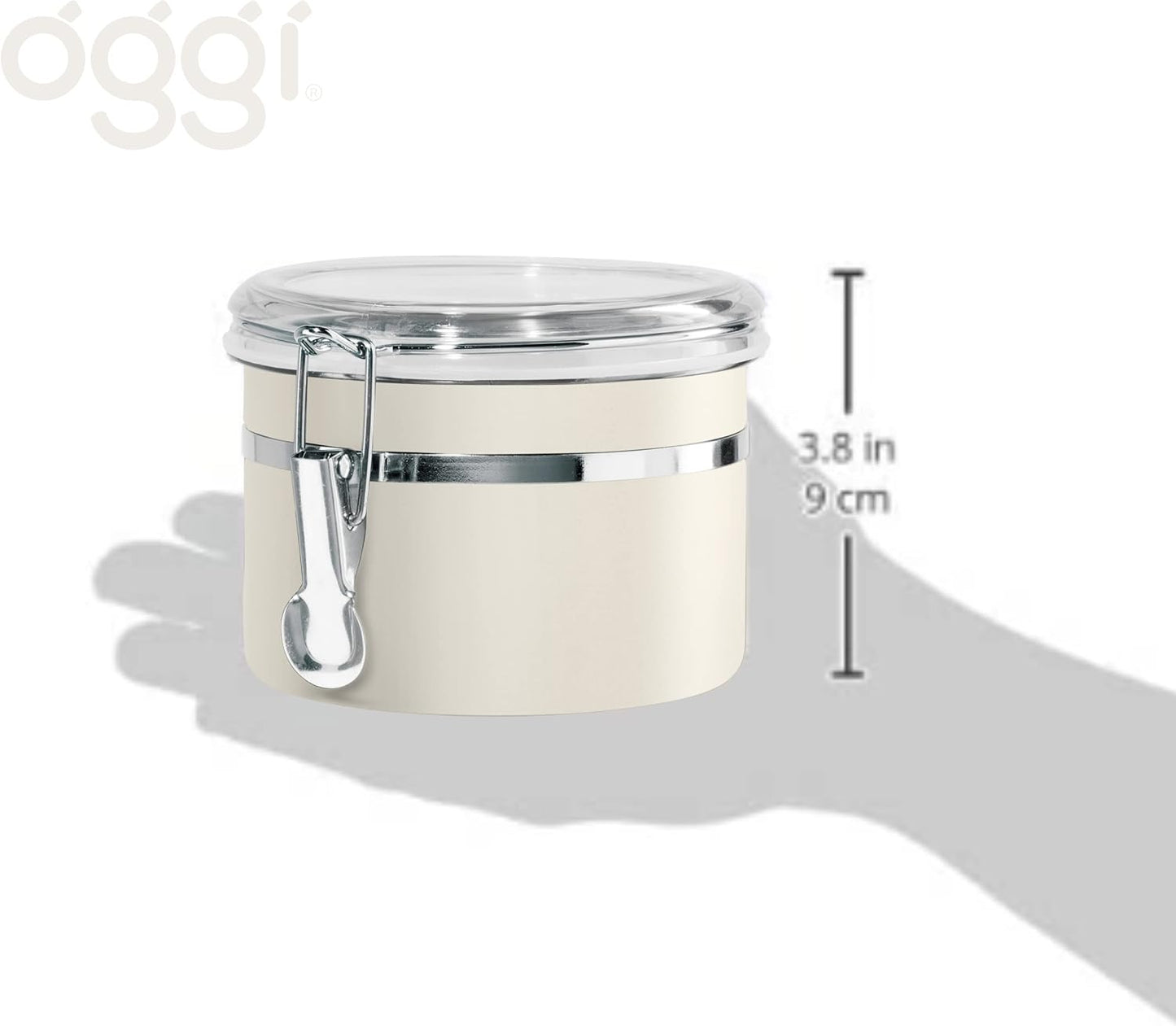Oggi Stainless Steel Kitchen Canister 62 fl oz - Airtight Clamp Lid, Clear See-Thru Top - Ideal for Kitchen Storage, Food Storage, Pantry Storage. Large Size 5" x 7.5".