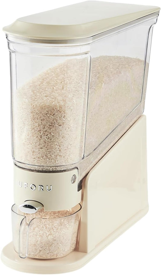 UFORU Rice Dispenser 22Lbs, Slim Rice Storage Container for Small Space, BPA-Free Clear Dry Food Dispenser Sealed Moisture Proof, Grain&Cereal Storage Bucket for Kitchen Pantry Household, Cream White