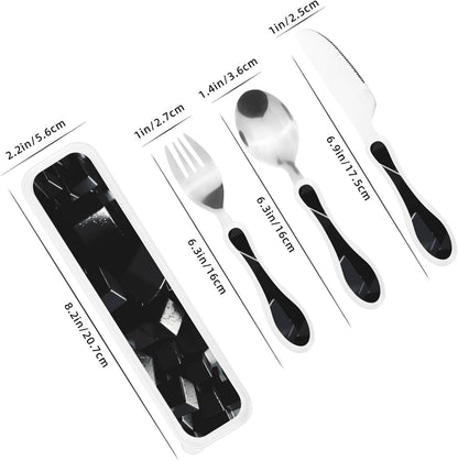 3-Piece Kids Silverware Set With Storage Case, Stainless Steel Reusable Children Safe Knife Spoon Fork Set Black And White Grid Children Flatware Set For Kids Lunch Box