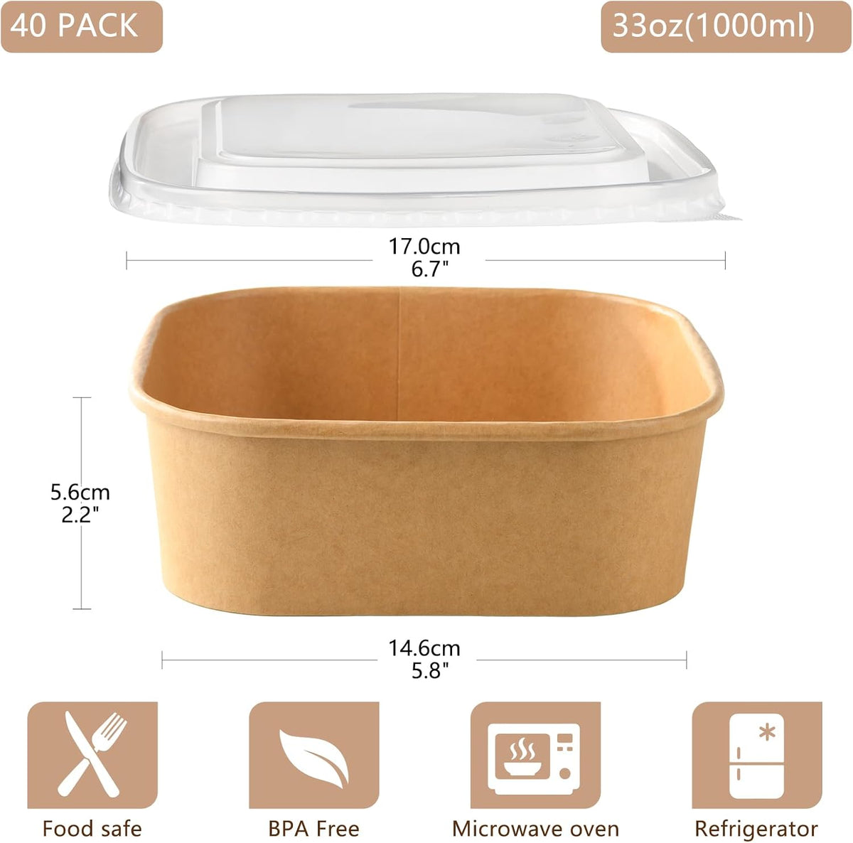 50 Sets 25oz Disposable Kraft Paper Bowls with Lids, Rectangle