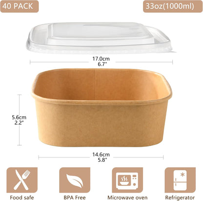50 Sets 25oz Disposable Kraft Paper Bowls with Lids, Rectangle