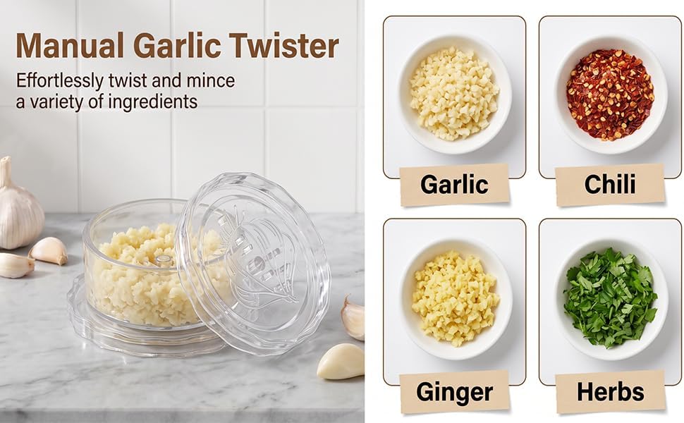2 Pack Transparent Garlic Press, Manual Garlic Crusher and Mincer—Plastic Garlic Grinder and Chopper, rotary chopper suitable for garlic, chili peppers, compact and space-saving