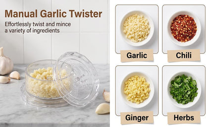 2 Pack Transparent Garlic Press, Manual Garlic Crusher and Mincer—Plastic Garlic Grinder and Chopper, rotary chopper suitable for garlic, chili peppers, compact and space-saving