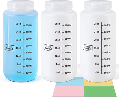 34oz/1000ml Wide Mouth Plastic Bottles with Airtight Lids, Graduated Food Grade Leak Proof PP Containers Jars for Water Sample Lab Reagent Liquid Medicine Storage (Transparent, 3 Pcs)