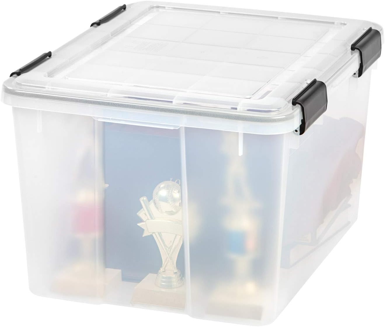 IRIS USA WeatherPro 47 Qt Storage Bins with Lids, 2 Pack, BPA-Free Plastic Gasket Box with Tight Latch and Seal, Stackable Nestable Tote Tub - Clear/Black