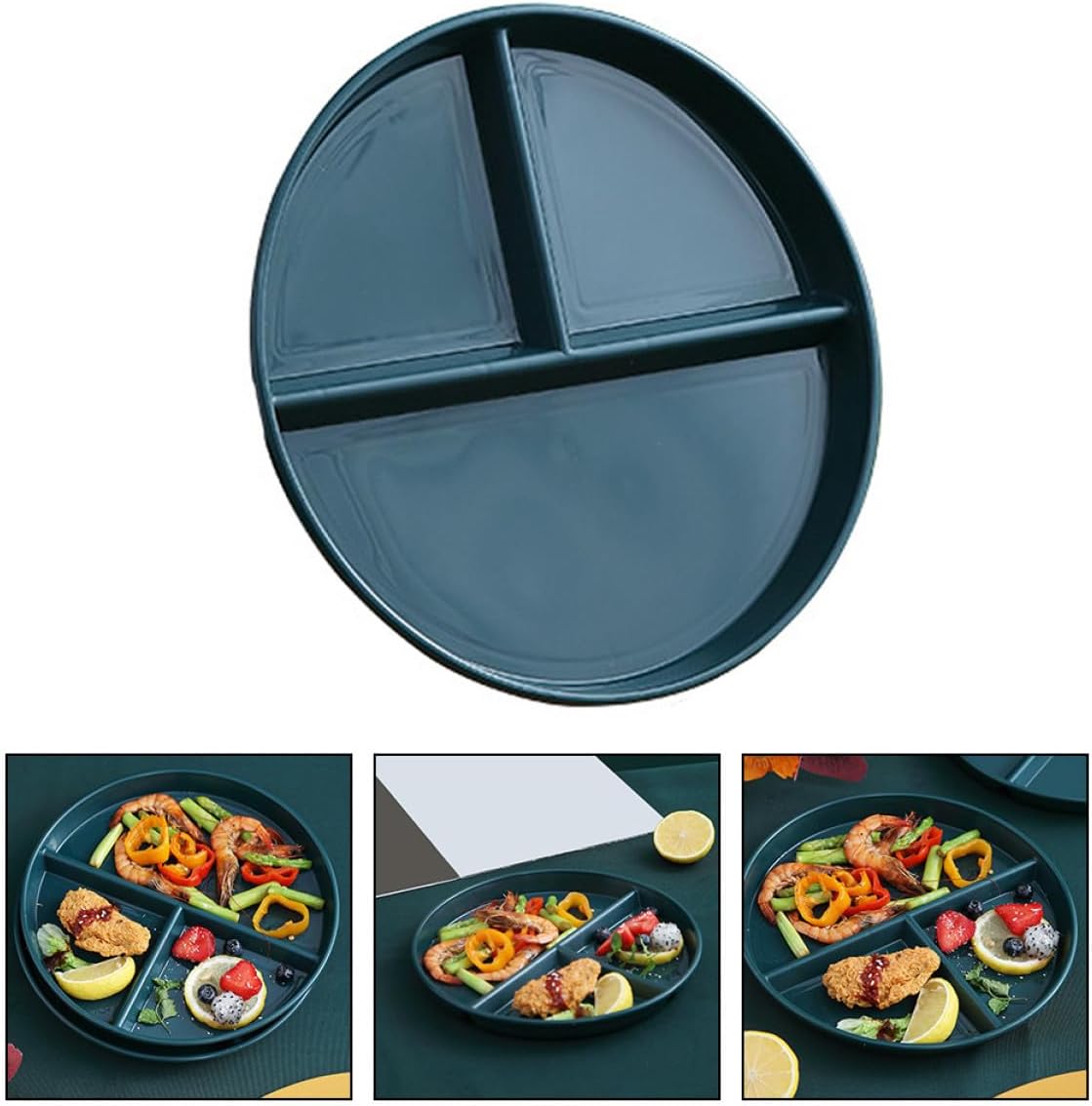 VICASKY Plastic Divided Dinner Plate 3-compartment Portion Control Tray, Food-grade Pp Material, Matte Green, Suitable for Diet Meal Prep and Breakfast Use