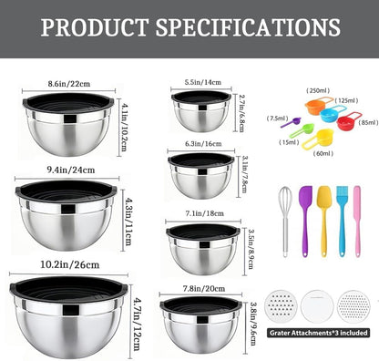 Mixing Bowls with Lids Set, Stainless Steel, 7 Sizes (0.7-4.5QT), with 3 Grater Attachments, Nesting, Dishwasher Safe, for Cooking, Baking and Serving (Khaki-7 Sizes)
