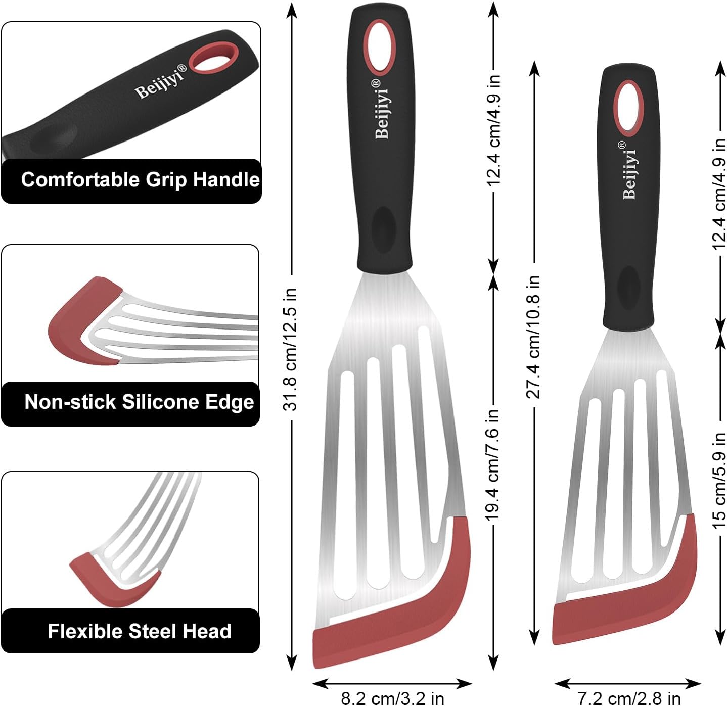 Beijiyi 2-Piece Silicone Fish Spatula for Nonstick Cookware, Heat Resistant | BPA Free, Flexible & Thin Edge, Scratch-Free, Slotted Turner, Kitchen Use, Cooking Flipper for Egg, Pancake, Dishwasher Safe