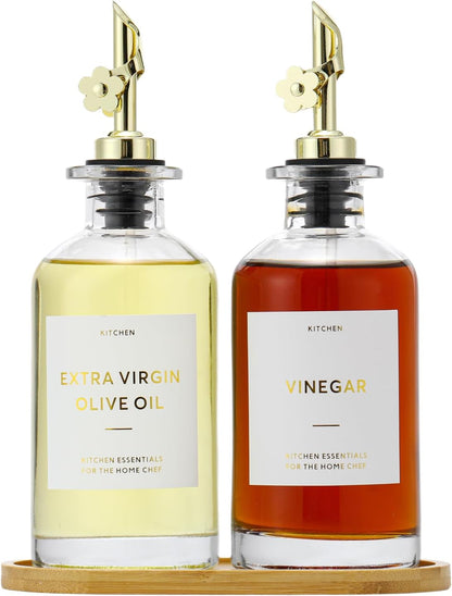 HOMCDALY Olive Oil Dispenser for Kitchen, 12oz Glass kitchen Dispenser Bottle, Gold Oil&Vinegar Cruet Set, Leakproof Oil Containers for Cooking| Set of 2 (12oz – Gold)