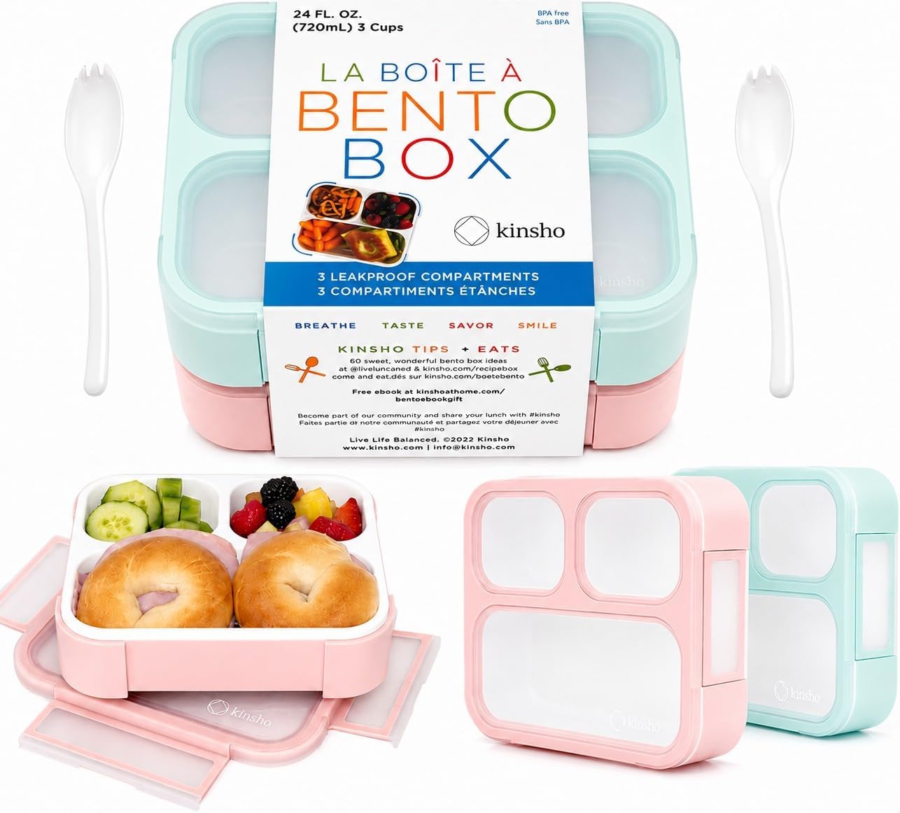 kinsho Medium Bento Boxes for Kids, Lunch Box for Boys Girls Toddler Adults, Leak-Proof 3 Compartment Containers for Meal or Snack at School Daycare Work Travel, BPA Free 2 Pack (Pastel Blue + Pink)