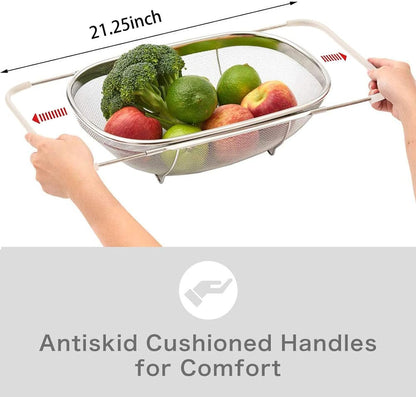 AJIODA Over The Sink Colander, 4 Quarts Stainless Steel Oval Colander with Expandable Rubber Grip Handle, Fine Mesh Strainer Baskets Kitchen Colanders for Strain, Drain, Rinse Vegetable, Fruits, Black
