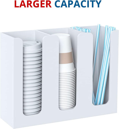 KOTEMON Acrylic Cup and Lid Holder, 3 Compartment, Disposable Coffee Cup Dispenser Cup Storage Organizer, Clear
