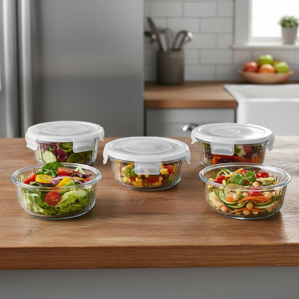 H.JSS WDJS 3Cup Round Glass Food Storage Containers with Airtight lids, 23oz Glass Meal Prep Containers, Heat-Resistant BPA-Free for Soup Leftover, Microwave, Dishwasher and Fridge Safe (white-4Pack)