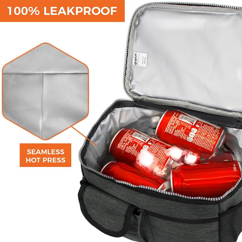 opux Insulated Lunch Bag for Men Women, Leakproof Black Lunch Box for Work, Portable Soft Lunch Cooler Bag with Shoulder Strap, Adult Lunchbox Lunch Pail for Kid Boy Girl School, 14 Can/8L