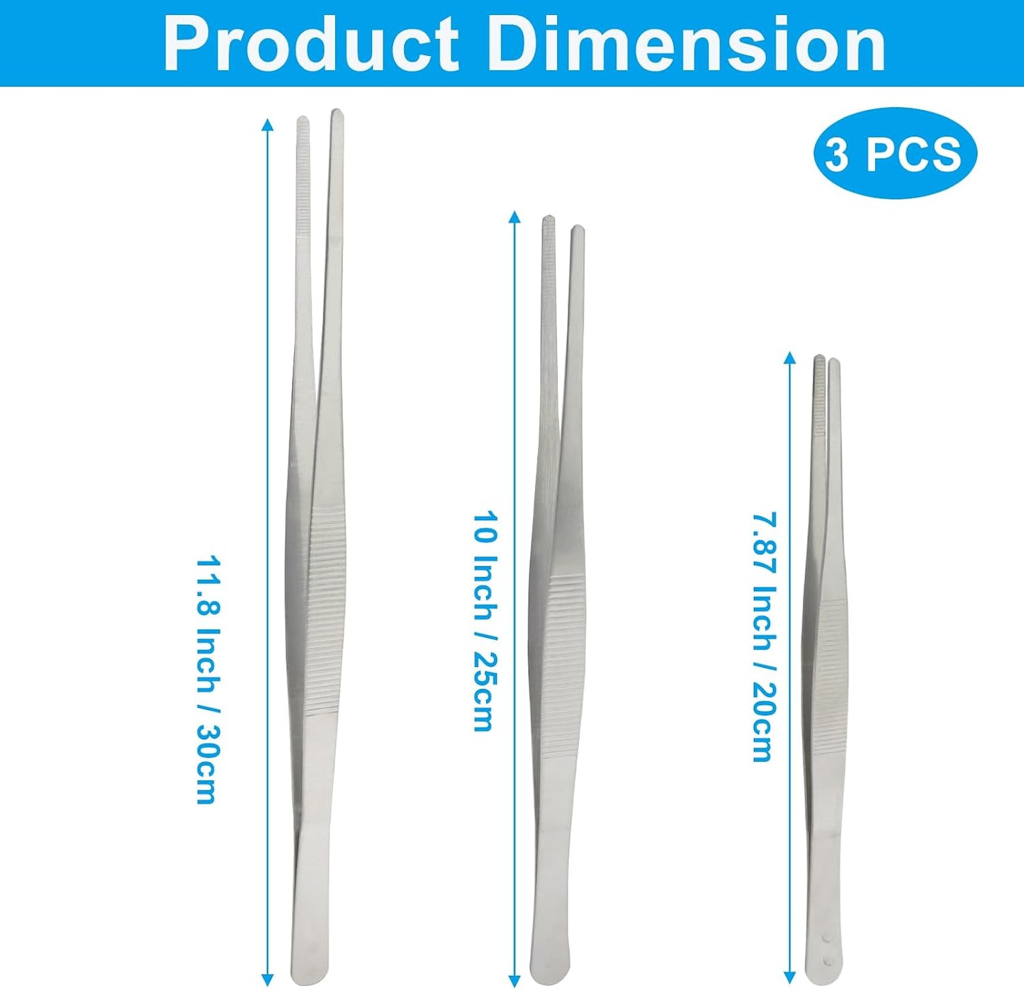 3-Pack Long Tweezers, 8", 10", 12" | Precision Serrated Straight Tips, 304 Stainless Steel, Non-slip, For Cooking, Repair & Garden Use