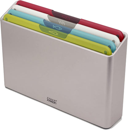Joseph Joseph Folio Icon 4-Piece Multi Colour coded Cutting Board Set, Stainless Steel Slimline case for organized Kitchen storage, Silver