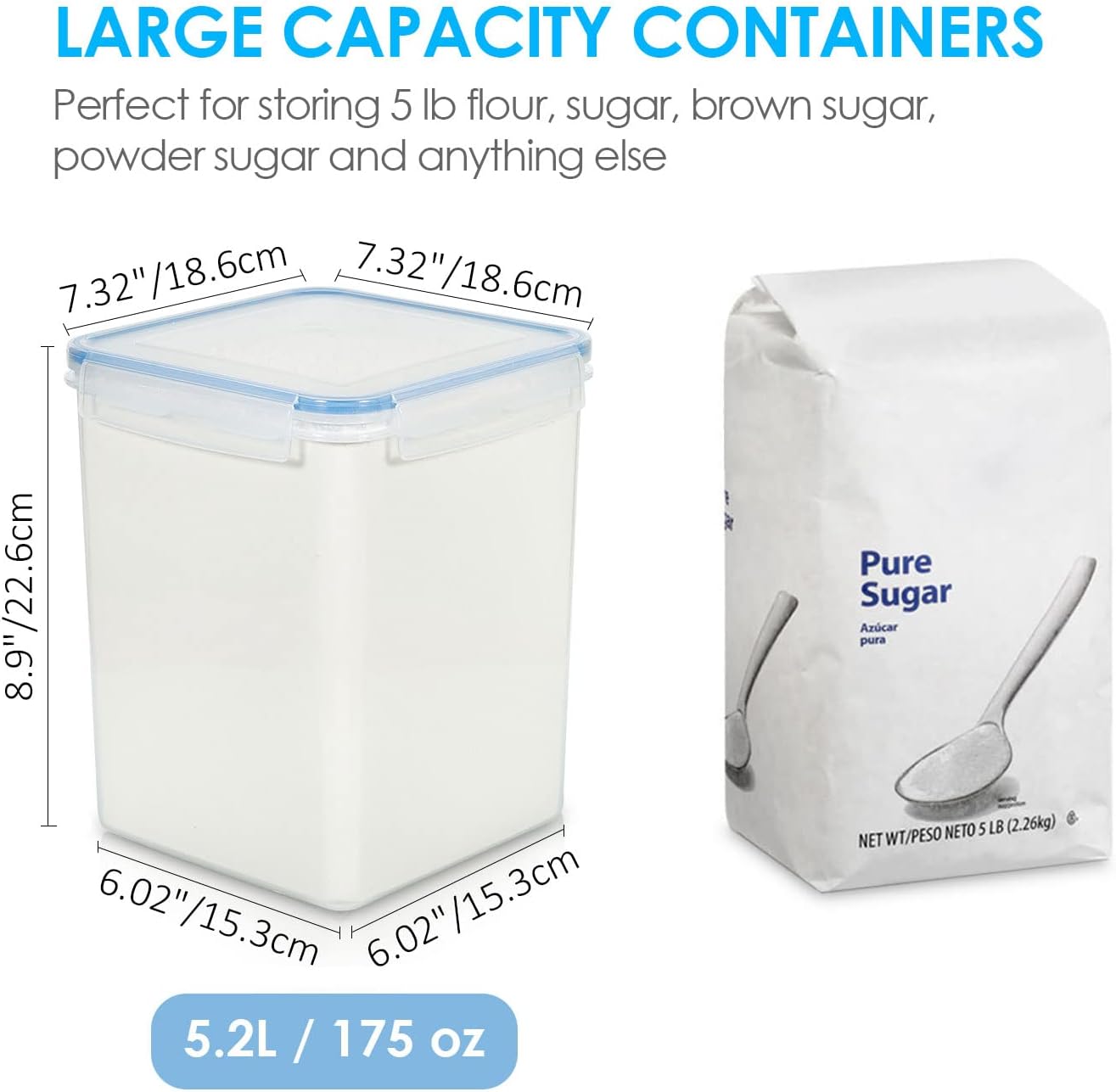 Vtopmart 4 PCS Large Food Storage Containers 5.2L / 175oz, 4 Pieces BPA Free Plastic Airtight Canisters for Flour, Sugar, Baking Supplies, Rice with Lids, 4 Measuring Cups and 24 Labels, Black