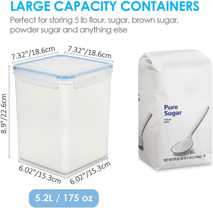Vtopmart 4 PCS Large Food Storage Containers 5.2L / 175oz, 4 Pieces BPA Free Plastic Airtight Canisters for Flour, Sugar, Baking Supplies, Rice with Lids, 4 Measuring Cups and 24 Labels, Black