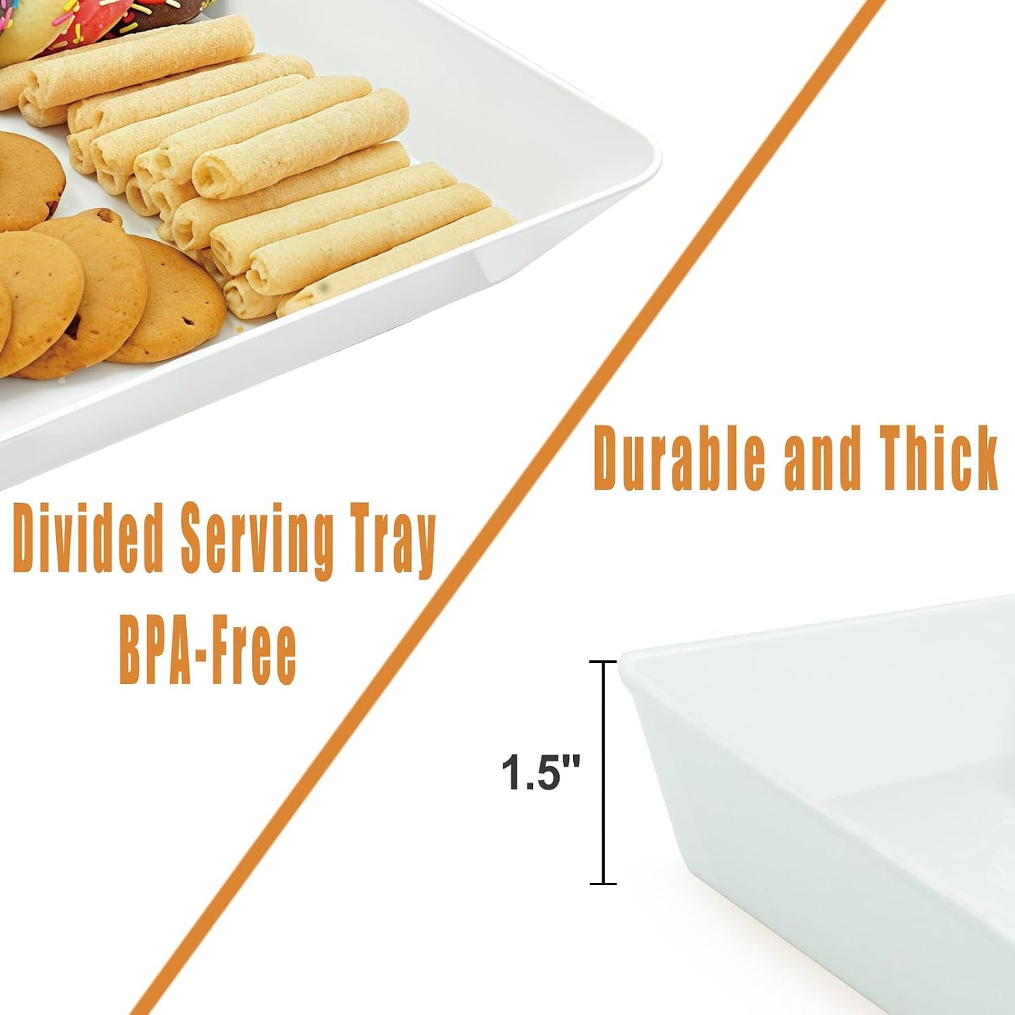 Serving Tray Platter Rectangle, 4 Pcs Long Narrow Food Tray for Veggie Fruit Snack Dessert, Plastic White Food Trays for Party Supplies Display, Rectangular Platters for Serving Food, BPA Free