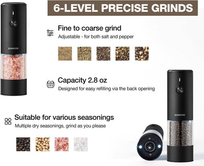Stainless Steel Rechargeable Electric Salt and Pepper Grinder Set – USB Charging, One-Hand Electric Mill, Adjustable Coarseness, LED Light & Dust Cover –2pack(Greige & Buttercream)