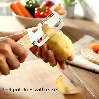 2-Piece Multi-Function Kitchen Peeler Set, 3-in-1 Stainless Steel Peeler with Built-in Bottle Opener and Non-Slip Wooden Handle, for Peeling Pumpkins, Potatoes, and Other Fruits and Vegetables