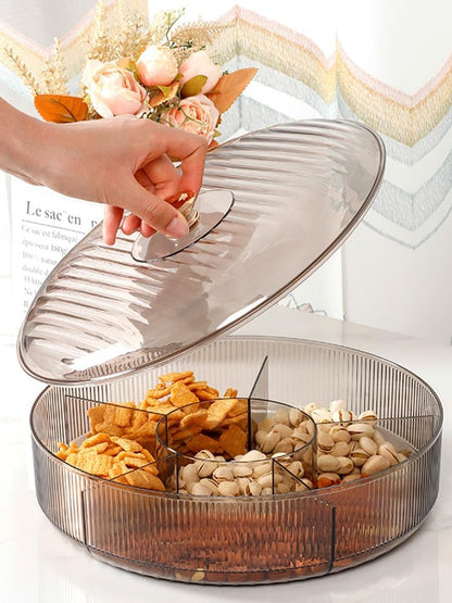 Divided Clear Snack Serving Tray with Lid, 6 Compartments Round Plastic Food Storage Organizer for Fruits, Nuts, Candies, Cookies, Stackable Snackle Box for Kitchen, Party and Picnic(Grey)