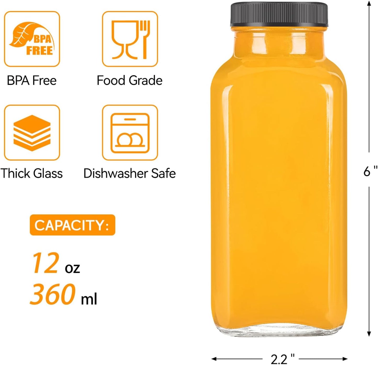 TUZAZO 10 Pack 12 Oz Glass Juice Bottles with Lids, Reusable Travel Drinking Jars Juice Containers, Glass Bottles for Juicing with Brush, Straws, Lids with Hole