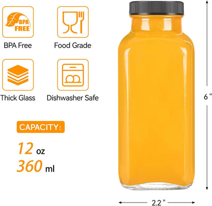 TUZAZO 10 Pack 12 Oz Glass Juice Bottles with Lids, Reusable Travel Drinking Jars Juice Containers, Glass Bottles for Juicing with Brush, Straws, Lids with Hole