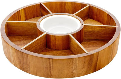 Restaurantware Chips and Dip Bowl Salsa Serving Platter Wooden Chip Dip Bowl - 12" - Acacia Wood & Porcelain Dip Bowl - Snacks Chips Hummus - 1ct Box