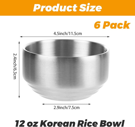 6 Pack 12 oz Stainless Steel Bowl with Lid Korean Soup Rice Bowl for Cereal Kitchen Restaurant Double-walled Anti Scalding Metal Bowls for Soup Salad Noodles Insulated