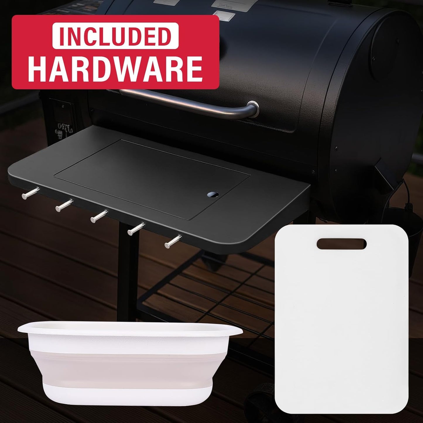Upgraded Grill Table for Weber Kettle 22"/18"/26", Master Touch 22", Smokey Mountain, Recteq Pellet Grill RT-B380, Prep Station with Cutting Board, Basin, 4 Hooks, Shelf for Weber Kettle Accessories