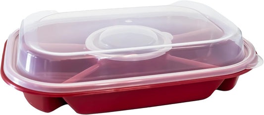 Buddeez Jumbo Divided Serving Tray with Lid - Includes 6 Bins for Party Platter, Snackle Box Container, Fruit and Veggie Tray, Chip