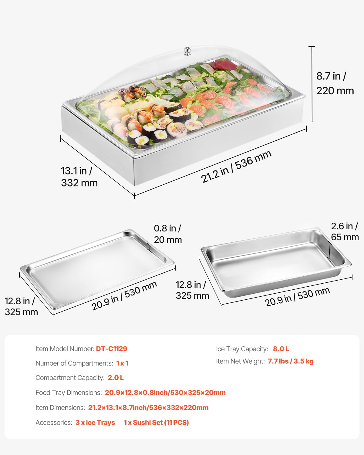 VEVOR Chilled Condiment Server, 4 Compartment Ice Cooled Condiment Serving Container, Chilled Garnish Tray Bar Caddy with Lid, for Bartending & Serving Taco, Salad, Fruit, Home & Restaurant Supplies